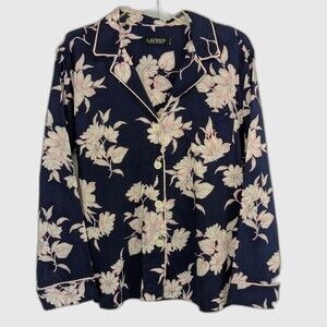 Lauren Ralph Lauren Women's Blue Pink Floral Button Up Pajama Shirt Size Large